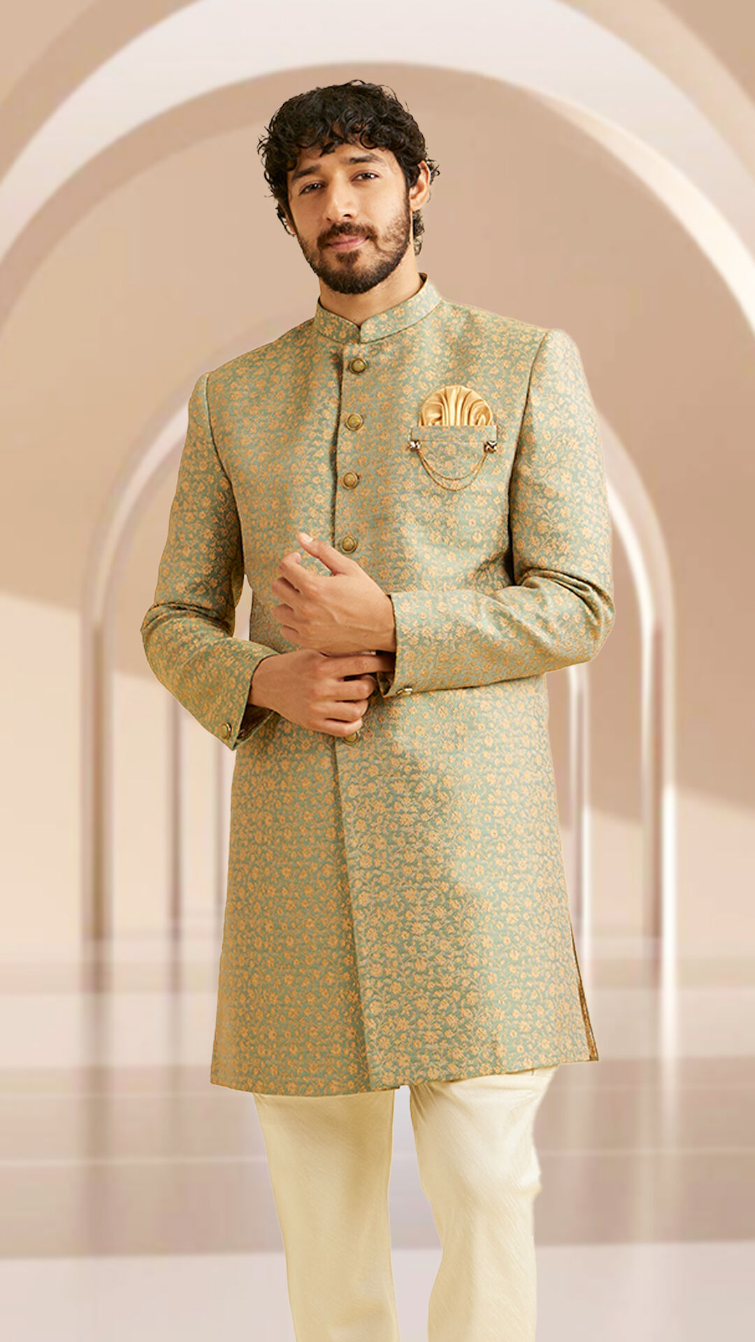 A groom in pattern cream colour indo western kurta 