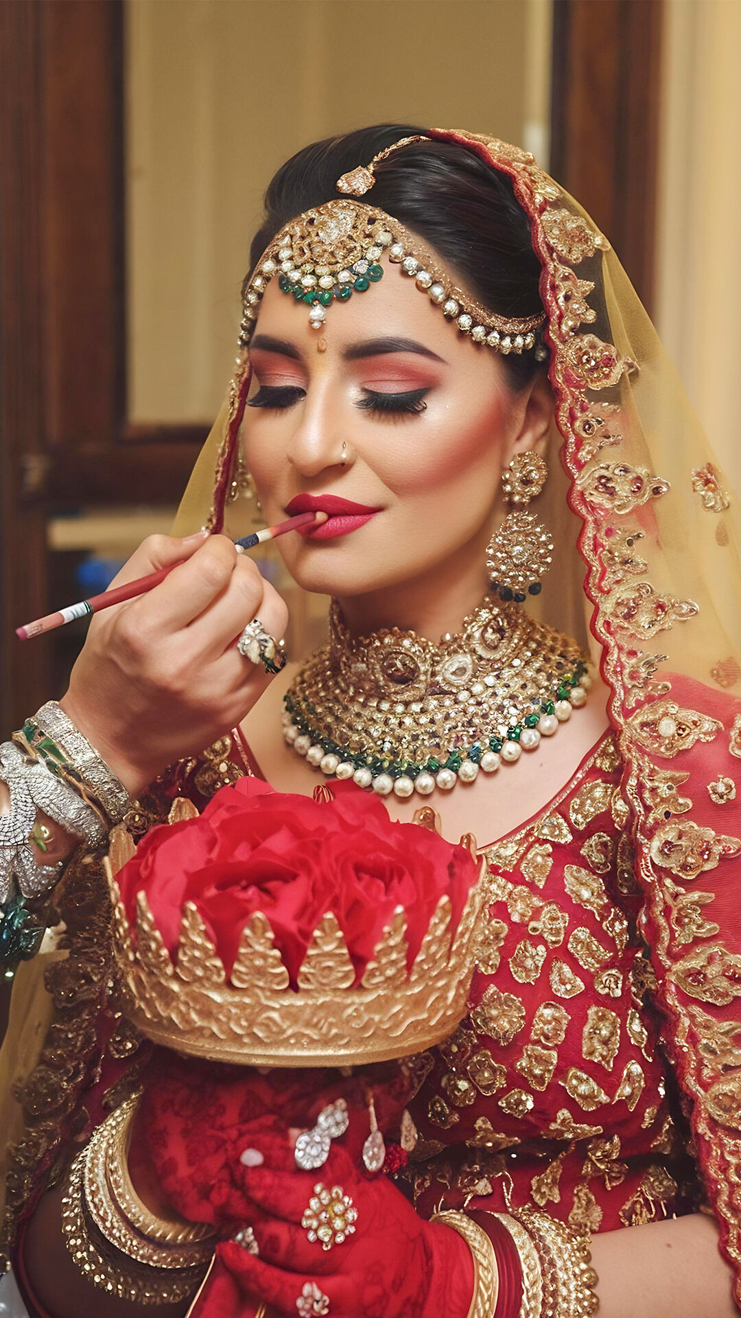A bride getting lip makeup done by a proffesionalist 